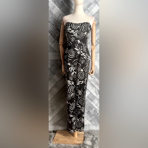 RACHEL ROY BLACK AND IVORY SATIN STRAPLESS JUMPSUIT - Picture 3 of 10